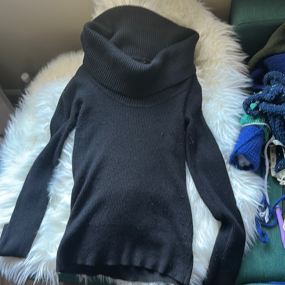 Sparkly black ripped cowl neck ribbed sweater